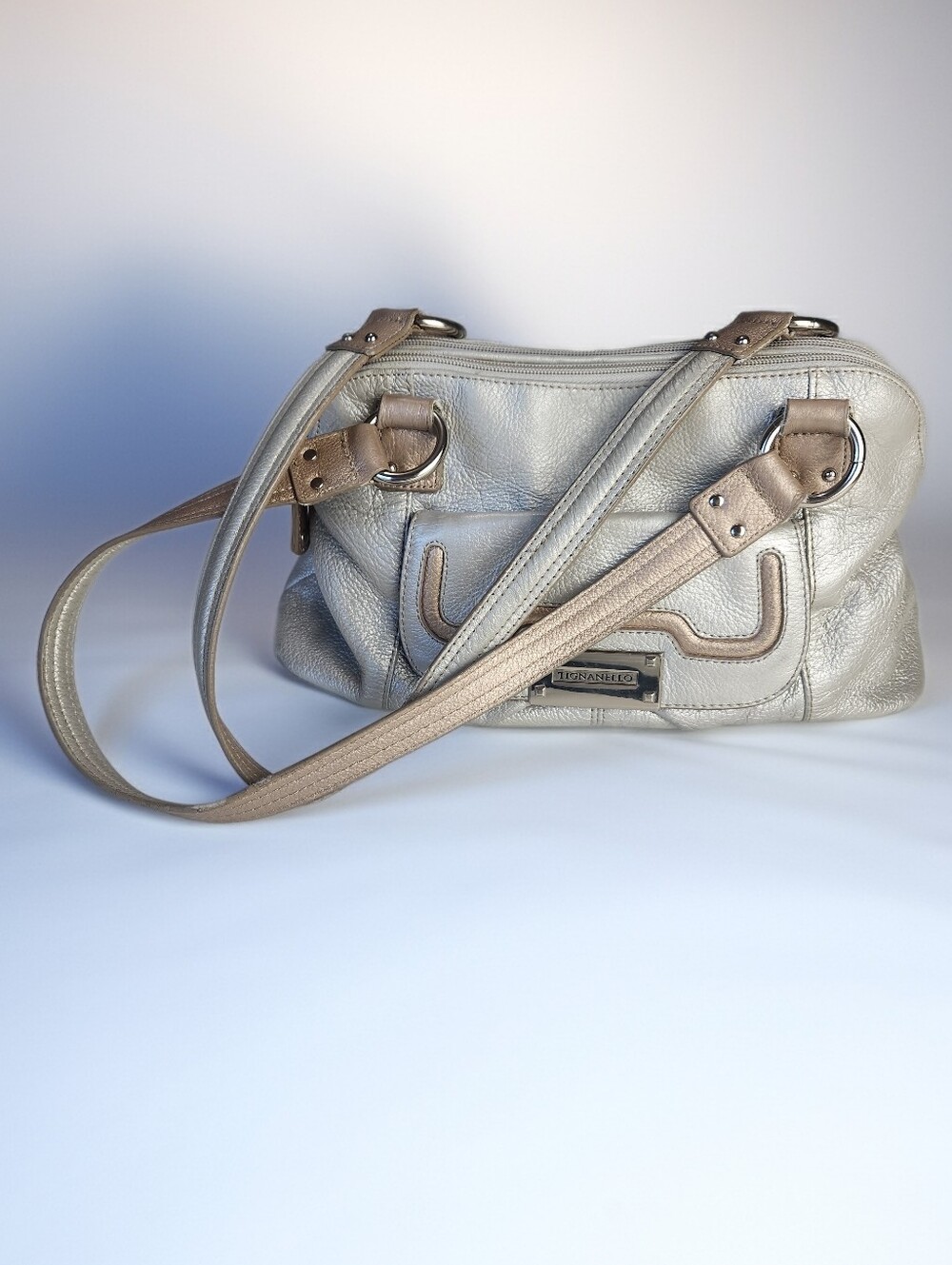 Tignanello Metallic Gold and Silver Pebbled Leather Bowler Shoulder Handag